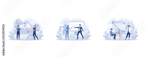 Smart industry development. Artificial intelligence in surgery. Robotics construction, collaborative robotics, remotely operated robots metaphors, set flat vector modern illustration