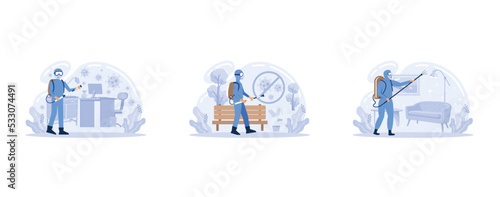 Virus protection, Office disinfection service, public place sanitizing, home sterilization, clean workspace, personal protection, chemical , set flat vector modern illustration