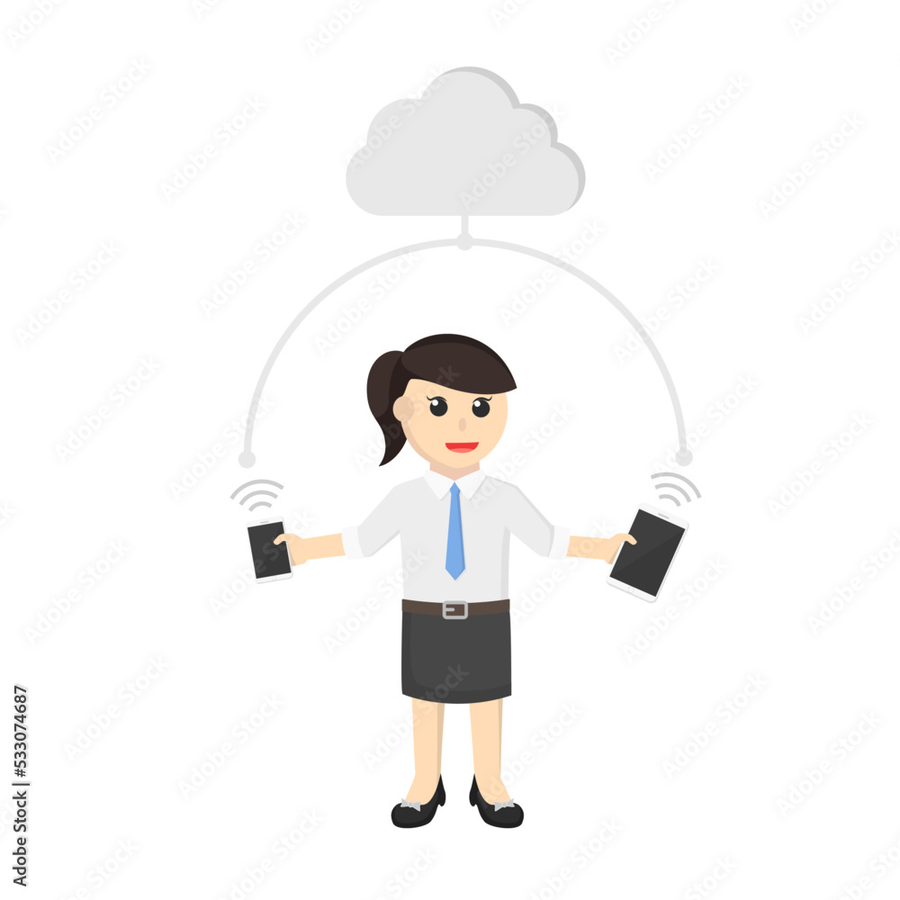 business woman gadget connection design character on white background