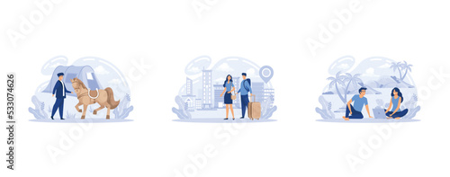 Nomad lifestyle, rural and seasonal migration. Holiday vacation tourism. Changing settling place, moving to new location, set flat vector modern illustration