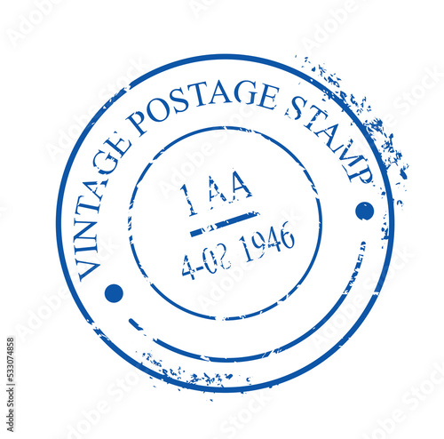 Blue post mark. Round stamp with inscription vintage postage stamp. Business correspondence, internatonal communication, interaction. Poster or banner for website. Cartoon flat vector illustration photo