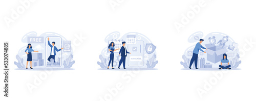 Free period, bundle set. Freemium, subscription and bundling models. Promotion modeling digital processes concept. People working to create visual structures in business, set flat vector modern illust