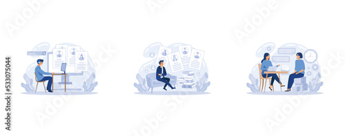 Human resources agency, Talent search, select candidates, interview with professional HR specialist, headhunter job, set flat vector modern illustration