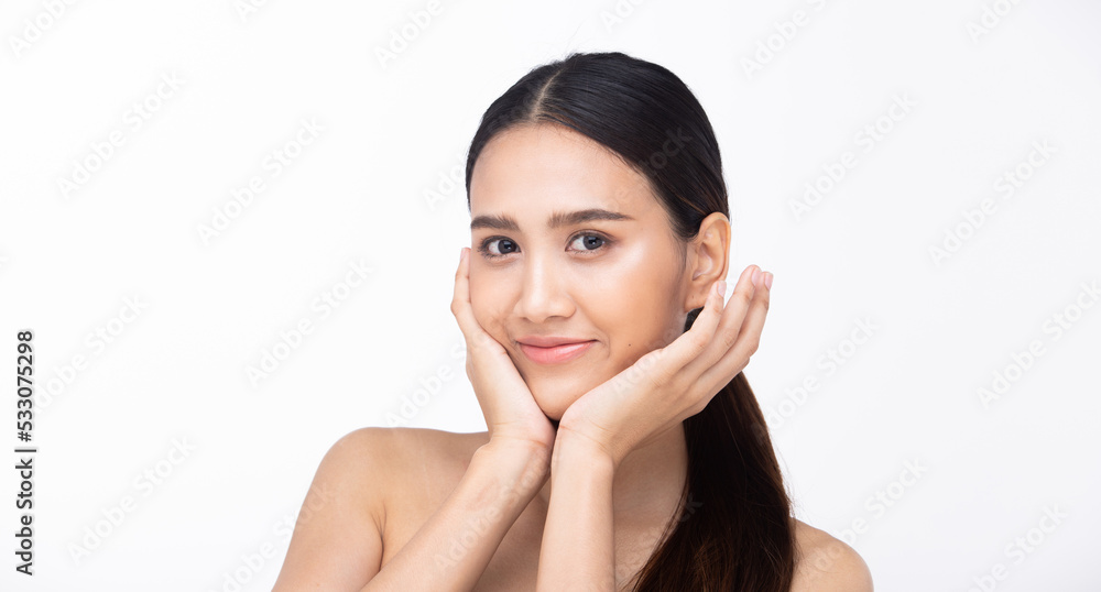 Face Shot Beauty skin 20s Asian Woman has beautiful eyes lips and clean clear smooth skin . Black long straight hair female feel happy smile fashion vintage poses over white background isolated