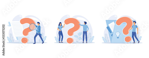 Question mark, obtaining information of interest. Problem and solution, FAQ help. Decision of information task, ask questions and receive answers, set flat vector modern illustration