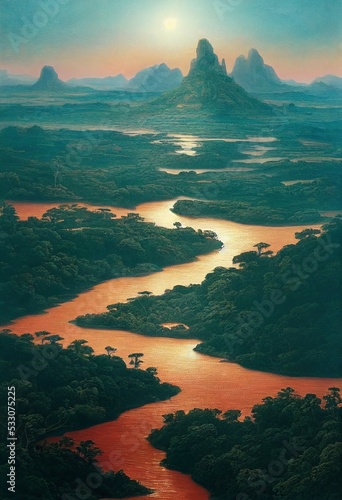 Obraz na plátně Landscape, river full of silt from mountains, Digital, Illustration, Painting, A