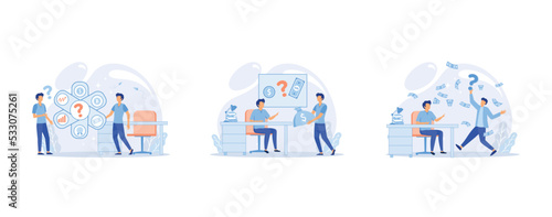 Financial advisor giving advice investment money market analysis management planning for customer. Fiscal consultant professional in finance, set flat vector modern illustration