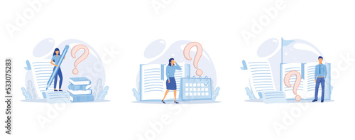 FAQ. Frequently Asked Questions. Technical support workers. Women stand near a large question mark, set flat vector modern illustration
