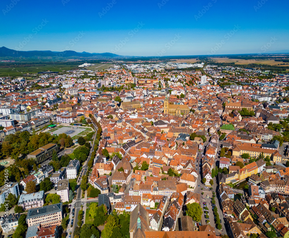 Aerial view around the old town of the city Colmar in France on a sunny summer day
