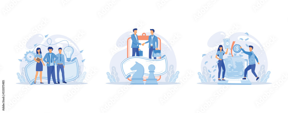 Fototapeta premium Meet our team, strategic partnership crowdfunding, Cooperation and teamwork, Entrepreneurship success, Effective business development, team management, set flat vector modern illustration