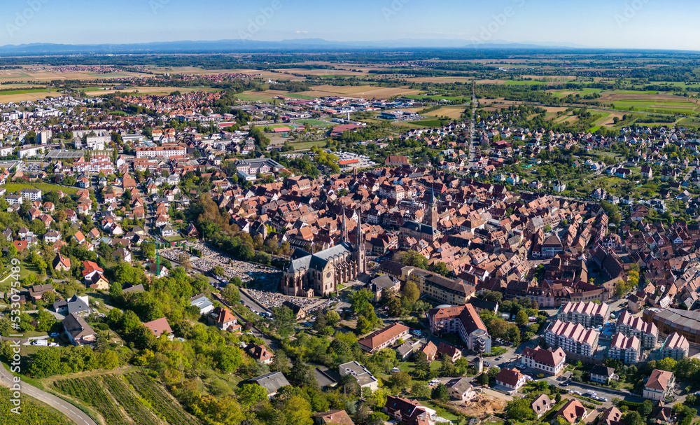 Aerial view around the old town of the city  Obernai in France