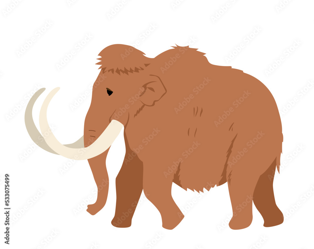 Fototapeta premium Brown mammoth icon. Animals before our era, paleontology, history, archeology and culture. Social media sticker, graphic element for website. Elephant with tusks. Cartoon flat vector illustration