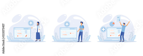 Online doctor. Healthcare services, Ask doctor. Tele medicine e-health service. Therapist videocalling phone screen, set flat vector modern illustration
