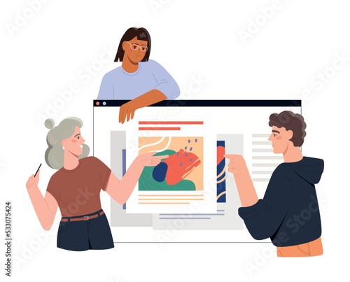 People with presentation. Man and girl discussing painting. Creativity and art. Brainstorming and insight. Poster or banner for website, teamwork and partnership. Cartoon flat vector illustration