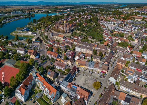 Aerial view around the old town of the city Breisach am Kaiserstuhl in Germany
