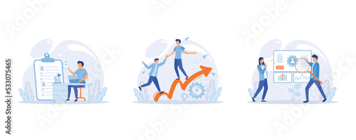 Employee performance evaluation, HR department, increasing employee engagement banners set. Fellow workers assessment concept. Staff management, empolyee development, set flat vector modern illustrati