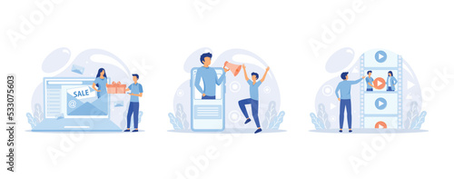 Email, mobile and video marketing technology. Getting new subscribers, likes, messages. Work with advertising and promoting via Internet, set flat vector modern illustration