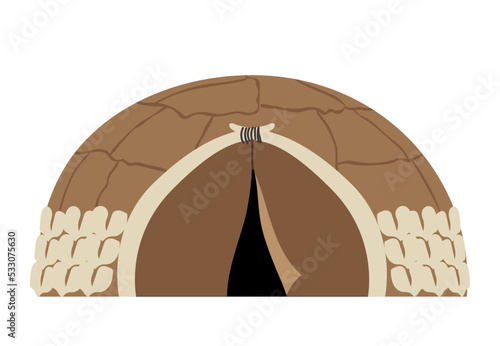 Primitive peoples home. Leather yurt for protection from cold and wind, easy construction from improvised materials. Paleontology, archeology and history, BC. Cartoon flat vector illustration