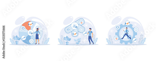 Action business plan, development strategies, foreseeing market risks. Company success secret, idea growing business achieve target, study production and sales market, set flat vector modern illustrat