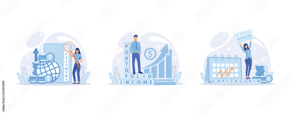 capital gain, portfolio income, investment income. Investments and bonds, cash flow, money slot, mutual fund, finance, Money investing, set flat vector modern illustration