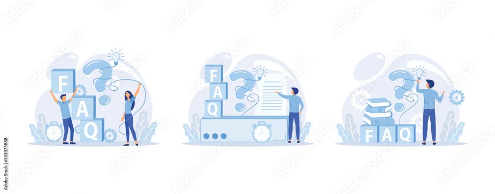 People characters standing near exclamation and question marks. Woman and man ask questions and receive answers. Frequently asked questions concept, set flat vector modern illustration People characters standing near exclamation and question marks. Woman and man ask questions and receive answers. Frequently asked questions concept, set flat vector modern illustration