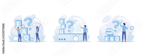 People characters standing near exclamation and question marks. Woman and man ask questions and receive answers. Frequently asked questions concept, set flat vector modern illustration