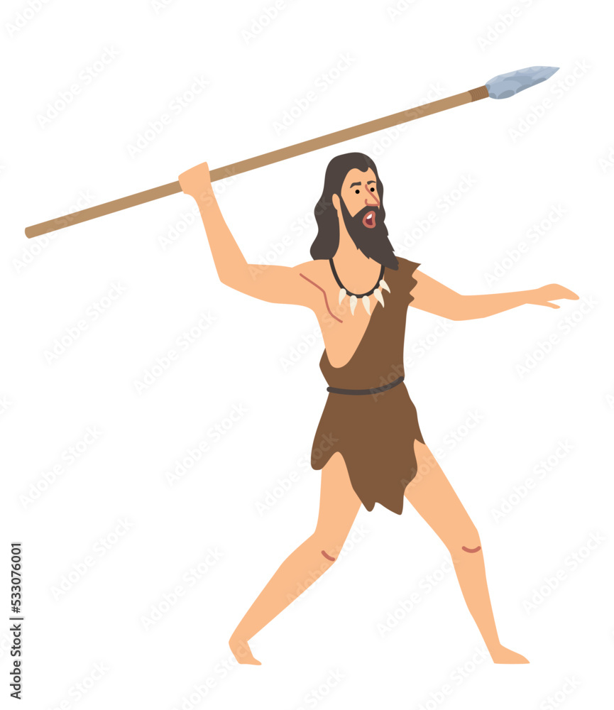 Primitive man with spear. Young guy preparing to throw weapon, hunter ...