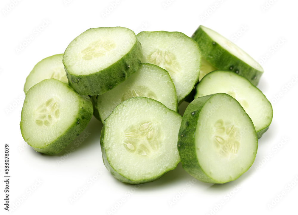 Green cucumber slice on the white background Green cucumber slice on the white background