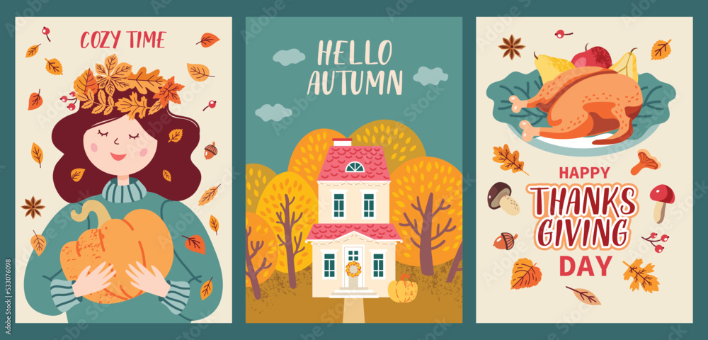 Autumn mood. Set of three colored trendy vector illustrations. Thanksgiving day. Flat design.