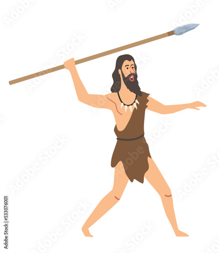 Primitive man with spear. Young guy preparing to throw weapon, hunter of wild animals and mammoths getting food. Camp security, BC guard. Safety and protection. Cartoon flat vector illustration