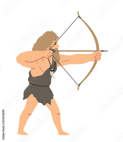 Primitive man with bow. Young bearded archer aims at target, hunter or guard. Obtaining food and killing dangerous animals. Poster or banner for website, BC. Cartoon flat vector illustration