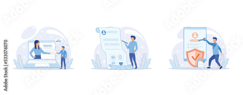 Registration or sign up user interface. People using secure login and password for authorization. Collection of online registration, sign up, user interface, set flat vector modern illustration
