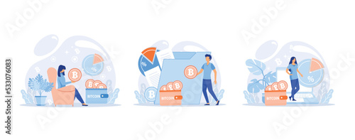 Cryptocurrency bitcoin, Blockchain exchange platform. Cyber banking procedures, bitcoin trading, wallet. Ecurrency transactions. Digital currency, cryptocurrency market, set flat vector modern illustr