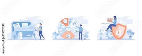 Big data analytics platform, data management and protection, Data center room disk infrastructure business information safety. Technology Internet and network, set flat vector modern illustration