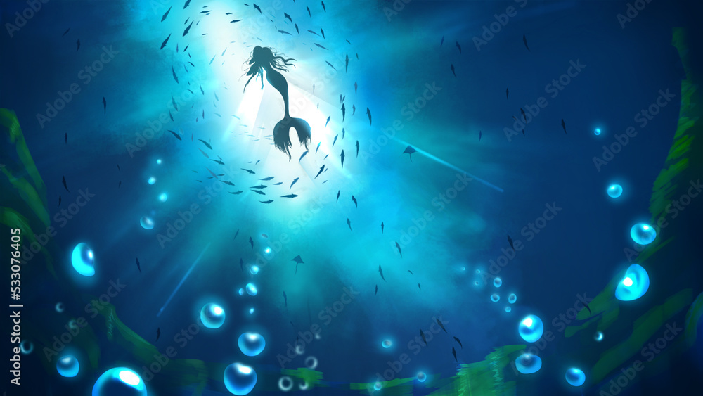 mermaid siren lady swimming in the sea to the surface with bubble and fish  under the sea scenery anime wallpaper hig definition Stock Illustration