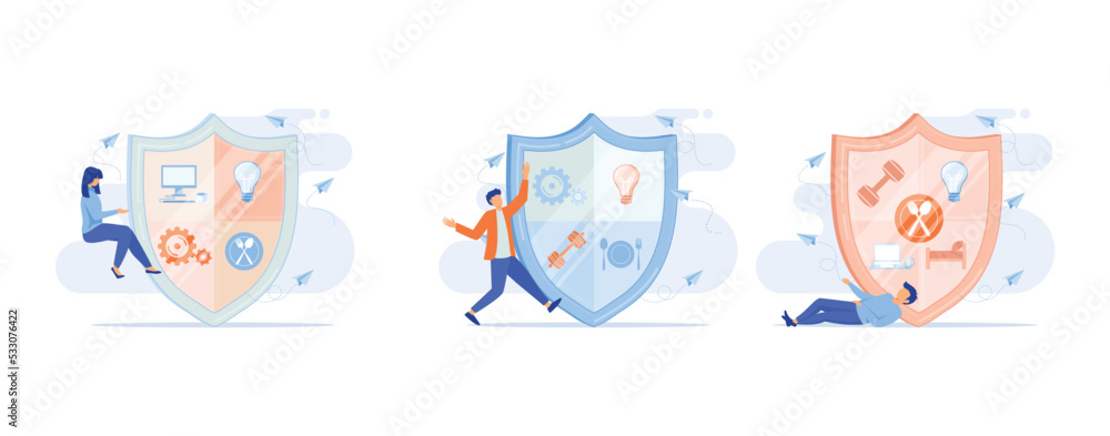 Confidence concept. Person has private conversation, Confidential communication. Trust property, reassuring partnerships, conviction. Protection of intellectual property, set flat vector modern illust