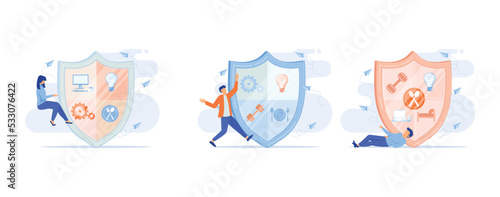 Confidence concept. Person has private conversation, Confidential communication. Trust property, reassuring partnerships, conviction. Protection of intellectual property, set flat vector modern illust