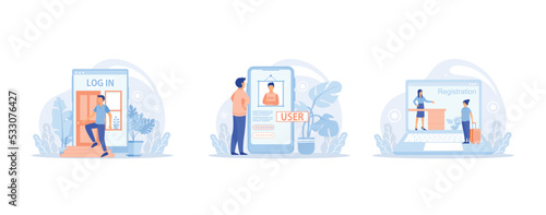 Enter login and password. Registration page on screen. Sign in to your account, Login page. Mobile app with user page. User profile, news, notifications, set flat vector modern illustration