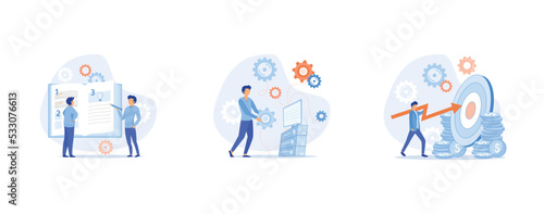 Strategic business planning, automation process. Business mission, rules, vision statement, competitive intelligence, goals action startup plan, brand success, set flat vector modern illustration