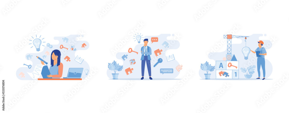 Work with business plan creation. Teamwork with idea of new project, planning startup. Business solution and financial investment, set flat vector modern illustration