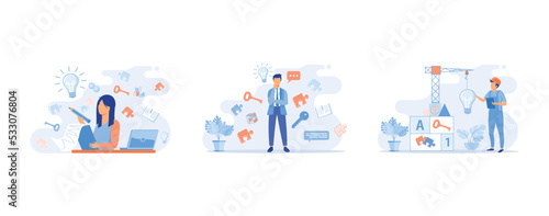 Work with business plan creation. Teamwork with idea of new project  planning startup. Business solution and financial investment  set flat vector modern illustration