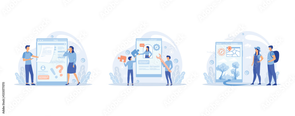 FAQ website banner set, support page, guides page, frequently asked questions or questions and answers, client or customer support, set flat vector modern illustration