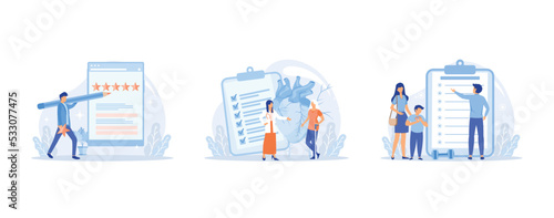 Feedback abstract concept, Ischemic heart disease abstract concept, Overweight kids training plan abstract concept, set flat vector modern illustration
