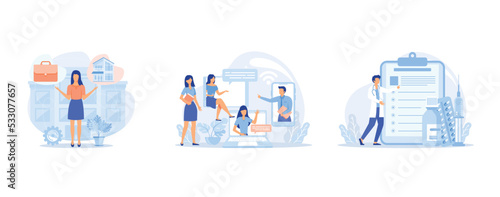 Balancing work and family abstract concept, Self-isolation party abstract concept, Diabetes medications abstract concept, set flat vector modern illustration