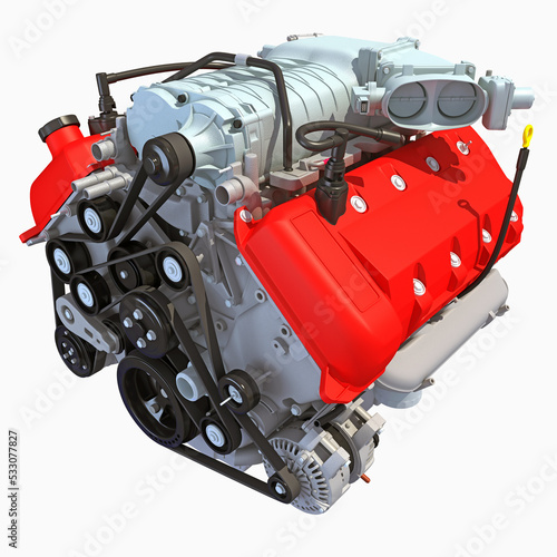 Slika na platnu V8 Engine 3D rendering on white background