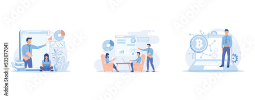 Online big data courses abstract concept , Marketing meetup abstract concept, Digital currency abstract concept , set flat vector modern illustration