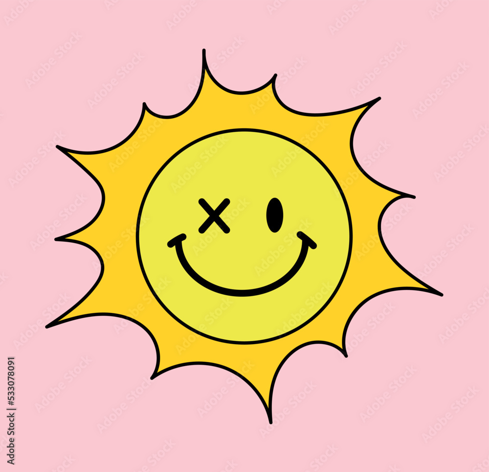 Psychedelic sun icon. Cute character winks, sticker for social networks and messengers. Emoji, emotions, emoticons and reactions. Hippies, back to 80s and 90s. Cartoon flat vector illustration