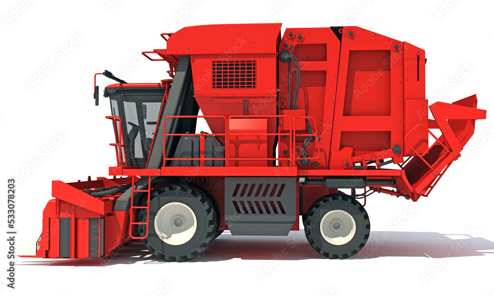 Cotton Picker Harvester farm equipment 3D rendering on white background Cotton Picker Harvester farm equipment 3D rendering on white background