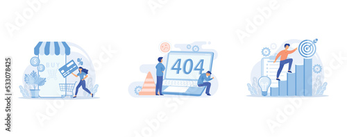 Mobile based marketplace abstract concept, 404 error abstract concept , Business mission abstract concept, set flat vector modern illustration