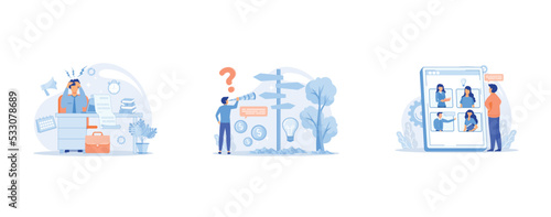 Stress abstract concept, Decision management abstract concept, Online meetup abstract concept, set flat vector modern illustration